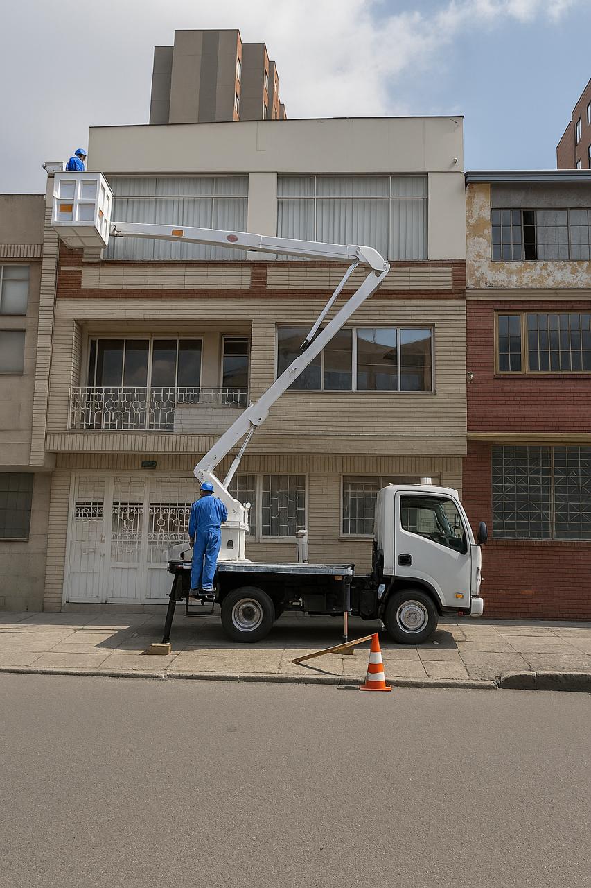 Trabajo con camión canasta frente a fachada