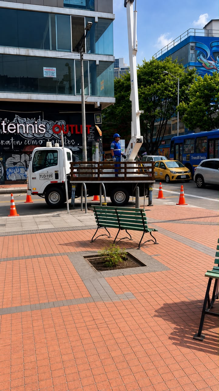 Camión canasta trabajando en zona urbana
